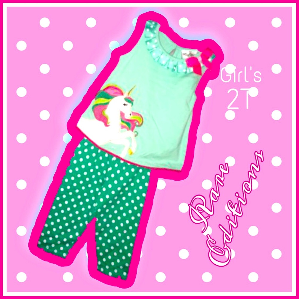 Rare Editions Unicorn Appliqué Mint Pink Polka Dot  Capri Ensemble 2T